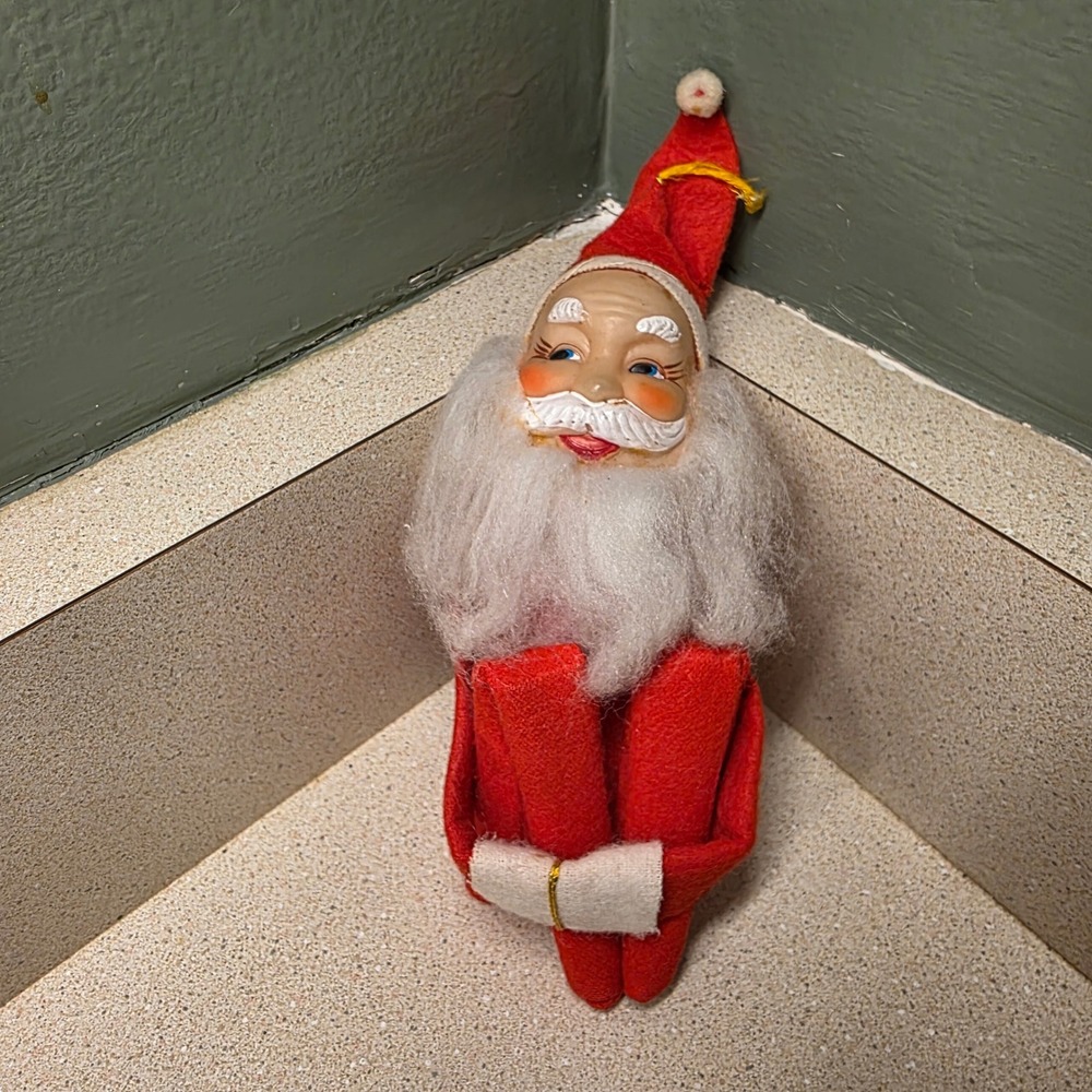 Vintage Santa Claus Knee Hugger Elf Doll 12" Red Felt Mid Century Christmas
